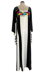 1960s Josefa Hand Embroidered Natural Linen & Black Caftan Dress W Incredible Sleeves