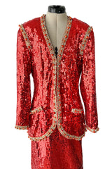 Bright Red 1980s Balenciaga Le Dix Sequin Jacket & Skirt Suit w Gold Braiding & Beadwork Detailing