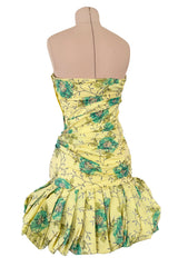 Documented Spring 1988 Emanuel Ungaro Pale Yellow Silk Taffeta Strapless Dress w Floral Print