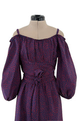 Sweetest Recent Christian Dior Deep Blue Silk Dress w Scattered Red Heart Print & Balloon Sleeves
