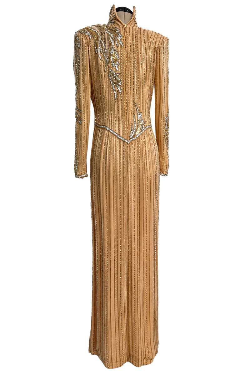 Incredible 1980s Bob Mackie Beaded, Sequin & Rhinestone Detailed Peach Silk Dress