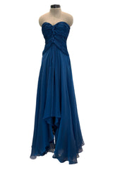 Prettiest Spring 1990 Oscar De La Renta Deep Sapphire Blue Silk Chiffon Strapless Dress w Matching Cape