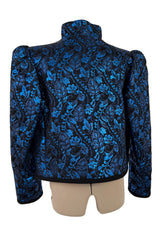 Stunning 1970s Yves Saint Laurent Metallic Blue Thread & Black Embroidered Brocade Crop Jacket