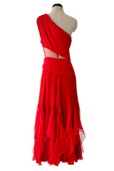 Fantastic 1980s Valentino Red Silk One Shoulder Dress w Net Inset & Finely Pleated Ruffled Skirt