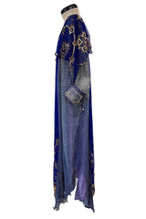 1960s Bloomingdales Label Royal Blue Silk Chiffon & Gold Thread Caftan