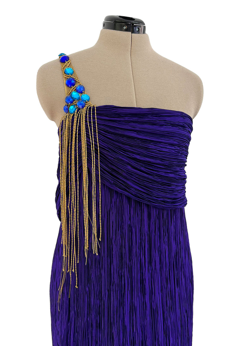 1980s Mary McFadden Purple Pleated Dress w Elaborate Beaded Gold Cord Shoulder