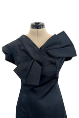 Fabulous Early 1960s Neusters Dior Feeling Black Silk Dress w Front Bow Detail
