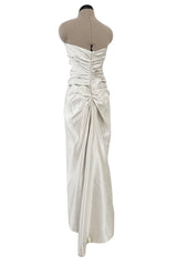 Minimalist 1990s Givenchy Silver Undertone Ivory Strapless Silk Dress w Back Gathering & Shawl