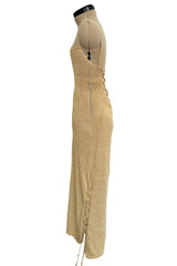 Amazing 1990s Gianni Versace Gold Metallic Knit Dress w Open or Lace up Back & Side Slit