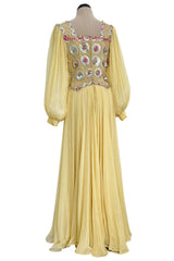 Incredible 1960s Tiziani Couture by Karl Lagerfeld Yellow Silk Chiffon Dress w Elaborate Beading