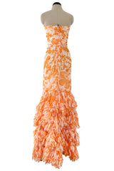 Exceptional Spring 2004 Oscar de la Renta Runway Printed Silk Chiffon Dress w Ruffle Skirt