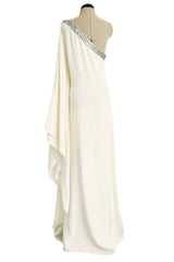 Beautiful 2000s Emilio Pucci Ivory Silk One Shoulder Caftan Dress w Gold & White Beaded Detail