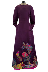 Fall 2002 Oscar de la Renta Runway Look 50 Deep Purple Silk Dress w Hand Applied Patchwork