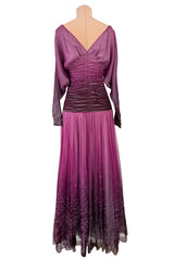 Rare 1970s Bill Gibb Deep Pink Ombre Hand Dyed Silk Chiffon Dress w Fused Glitter Detailing