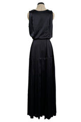 Spectacular 1990s Unlabeled Chanel by Karl Lagerfeld Black SIlk Dress w V Front & Logo Buttons