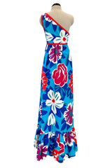 c.1977 Oscar de la Renta for Swirl One Shoulder Printed Bright Floral Cotton Dress w Ruffled Hem