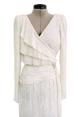 Stunning 1970s-80s Mary McFadden Couture White Pleated Dress w Attached Braided Belt