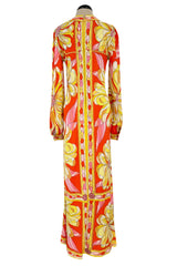 Gorgeous 1960s Emilio Pucci Brilliant Citrus Coloured Silk Jersey Dress w Huge Floral Print