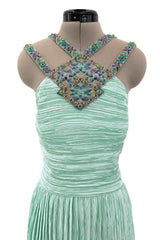 Incredible 1980s Mary McFadden Couture Pastel Teal Green Pleated Dress w Hand Beading