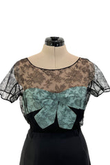 Rare 1950s Irene Lentz Black Silk Taffeta Dress w Pale Blue Ribbon & Lace Illusion Bodice