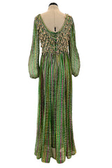 Exquisite 1960s James Galanos Metallic Green & Gold Silk Dress w Heavily Beaded Bodice