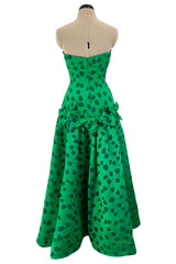 1980s Arnold Scaasi Brillaint Emerald Green Strapless Dress w Woven Heart Print & Bows