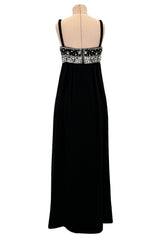 Sophisticated 1960s Donald Brooks Fine Black Wool Crepe Dress w Elaborate Rhinestone Detailing