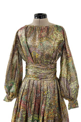Gorgeous 1960s Unlabeled Gold Lurex Metallic Dress w Floral Print & Full Sleeves