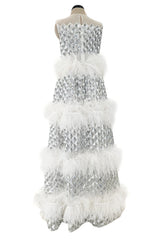 Fantastic Fall 2019 Huishan Zhang Silver Sequin on White Net & Organza Dress w Feather Detailing