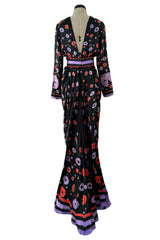 Rare Spring 1979 Chloe by Karl Lagerfeld Floral & Stripe Print Silk Dress w Matching Striped Belt