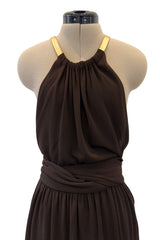 Fall 1975 Yves Saint Laurent Runway Brown Silk Jersey Backless Dress w Gold Leather Straps
