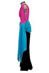 Iconic Spring 1985 Yves Saint Laurent Runway Pink & Black One Shoulder Dress w Blue Swag