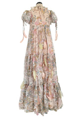 Phenomenal 1960s Gina Fratini Printed Tiered Baby Doll Maxi Dress w Poufed Cap Sleeves & Feather Details