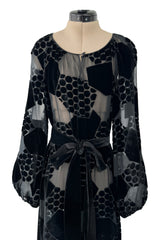 Fantastic Early 1970s Miss Dior Black Silk Velvet Fused Onto Black Transparent Silk Chiffon Dress