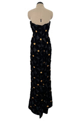 Spectacular 1980s Hubert de Givenchy Haute Couture Velvet Floral Cut Out Dress w Gold Metal Flowers