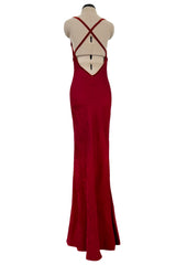 Exquisite Fall 1999 John Galliano Deep Red Bias Cut Patterned Silk Backless Dress w Velvet Ribbon Details