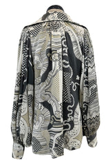 Beautiful & Rare 1970s Thea Porter Balloon Sleeve Grey Toned Printed Top w Pointed Collar