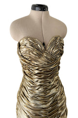 1989 Vicky Tiel Couture Metallic Gold Lame Gathered & Draped Strapless Dress