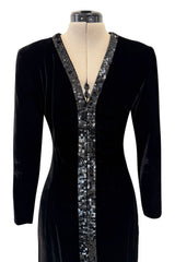 Fall 1998 Yves Saint Laurent Runway Black Velvet Dress w Elaborate Black Sequin Detailing