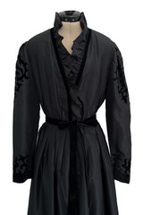 Early 1980s Louis Feraud Black Silk Tafetta Dress w Puff Shoulder Sleeves & Velvet Detailing