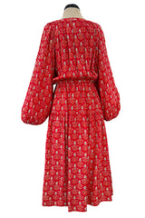 Prettiest 1970s Hanae Mori Red Print Light Silk Dress w Full Balloon Sleeves & Tiered Skirt