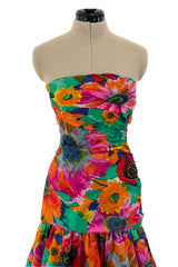 Prettiest Spring 1986 Arnold Scaasi Strapless Bright Floral Print Silk Dress