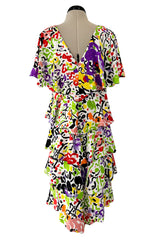 Prettiest 1970s Hollys Harp Bright Printed Silk Tiered V Front & Back Plunge Dress w Layered Tiers
