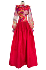 1972 Yves Saint Laurent Red Floral Silk Chiffon & Red Silk Dress w Balloon Sleeves & Pleat Detailing