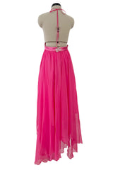 Recent Givenchy Vivid Silk Pink Chiffon Halter Dress w Completely Open Back & Multi Length Hem