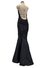 Outstanding 2000s Richard Tyler Black Silk Dress w Gathered Inserts & Scooped Open Back