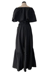 Dreamy 1981 Halston White Embroidered Dot on Black Wrap Off Shoulder Dress w Caped Neckline