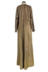 Wonderful 1970s Halston Metallic Gold Lame Lurex Full Length Caftan Dress w Notched Neckline