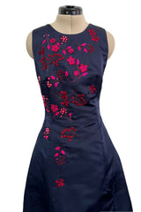 c2014 Christian Dior by Raf Simons Blue Silk Faille Dress w Pink Floral Embroidery & Beads
