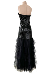 Incredible 1976-1978 Loris Azzaro Strapless Glossy Black Sequin Dress wLayered Net Tulle Skirt
